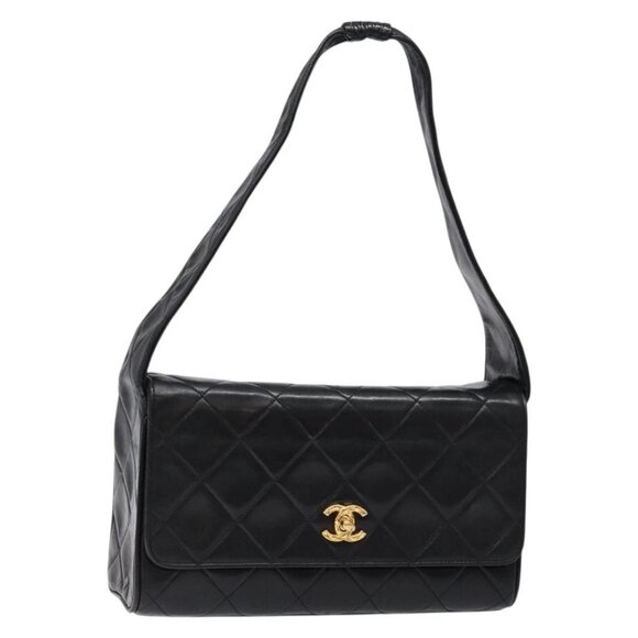 CHANEL Matelasse Shoulder Bag Lamb Skin Black Gold CC Auth yk18886 - Picture 1 of 16